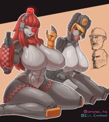 2boys 2d 2girls abdominals abs bald bald_man big_breasts black_hat blonde blonde_female blonde_hair blonde_hair_female civilcrackhead engineer_(team_fortress_2) glasses glowing_eyes gun gun_arm hairless hat heavy_(team_fortress_2) heavy_weapons_guy helmet hourglass_figure instagram_username large_breasts long_hair looking_at_viewer lower_teeth mechanical mimi_sentry mouthless mouthless_female no_mouth one_eye_covered one_eye_obstructed pointy_teeth red_eye robot robot_girl robot_humanoid sasha_(team_fortress_2) sentry_(team_fortress_2) sentry_turret serious serious_face serious_look sharp_teeth shiny_breasts shiny_skin shiny_thighs shocked shocked_expression shocked_face short_hair skirt solo_female team_fortress_2 tf2 thick thick_legs thick_thighs twitter_username valve valve_(company) weapon yellow_eyes