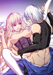 ass bed_sheet blonde_hair breastless_clothes breasts choker collarbone corset detached_sleeves female glasses holding_legs large_breasts leg_lift legs long_hair long_legs nipples open_mouth purple_eyes ribbon rinnosuke_morichika sex short_hair silver_hair sleeveless smile spread_legs sumi_(joker) thighhighs thighs touhou very_long_hair white_legwear yukari_yakumo