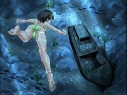 ass at_night_in_a_party:_the_whisper_of_the_sea big_breasts bikini black_eyes black_hair breasts feet female female_only fish foxeye_(artist) foxeye_limited_game_collection game_cg green_bikini karin_(foxeye) original ship shipwreck solo solo_female strapless_bikini strapless_bra sunken_ship swimming swimsuit underwater