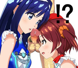 2girls blue_eyes blue_hair blush cheek_poke futaba_aoi_(vividred_operation) hat interrupted isshiki_akane long_hair multiple_girls open_mouth penis penis_on_face poking precum short_hair tied_hair twintails vividred_operation