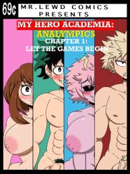 2boys 2girls abs alternate_breast_size areolae artist_name balls ballsack bangs big_breasts big_penis black_border blonde_hair blue_background blush blush blush_lines blush_stickers boku_no_hero_academia border breasts brown_eyes brown_hair busty comic_cover completely_nude completely_nude_female completely_nude_male cover_page curvaceous curvy curvy_female curvy_figure english_text eyelashes female frown green_background green_eyes green_hair grin group height_difference horn huge_breasts izuku_midoriya katsuki_bakugou large_breasts light-skinned_female light-skinned_male light_skin looking_at_viewer male mina_ashido mr.lewd my_hero_academia narrowed_eyes navel nipples nude nude_female nude_male ochako_uraraka pecs penis pink_background pink_body pink_hair pink_nipples pink_skin pubic_hair red_background red_eyes sharp_teeth shiny_breasts shiny_skin short_hair sidelocks smile text twink veiny_penis voluptuous voluptuous_female yellow_eyes