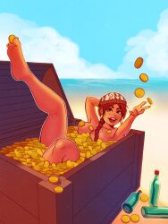 aubrey_(sea_legs) bottles braided_hair brown_hair coins gold gold_coins hat lying ndasfw nude sea sea_legs tan_skin treasure_chest
