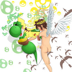 anal anal_sex crossover fellatio human kid_icarus male mario_(series) nintendo oral pikachu pit_(kid_icarus) pokemon sex shiroisora super_smash_bros. threesome wing_boner wings yaoi yoshi yoshi's_island