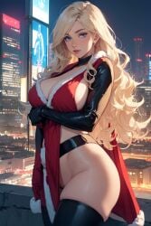 1girls ai_generated black_canary blonde_hair blue_eyes cape christmas christmas_outfit city female fur_trim futuristic long_hair los_angeles night thick_thighs thighhighs