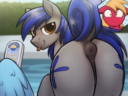 4:3 absurd_res aerial_ace anus ass big_macintosh_(mlp) blue_hair blush brown_eyes cutie_mark equid equine fan_character female feral friendship_is_magic group hair hasbro hi_res horse lidded_eyes looking_back male male/male mammal my_little_pony pony pool poolside puffy_anus rainbow_dash_(mlp) raised_tail selenophile smile sunscreen surprised_expression tail tongue trio wings