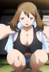 1girls ai_generated alternate_breast_size big_breasts blue_eyes breasts brown_hair cleavage denim_bottomwear denim_clothing denim_shorts female female_focus female_only game_freak huge_breasts large_breasts light-skinned_female light_skin may_(pokemon) mayday_(artist) nintendo pokemon short_hair solo solo_female solo_focus sweat thick_thighs underboob