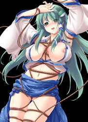 beige_skin blush bondage breasts clothes color detached_sleeves female female_only frog front_view green_eyes green_hair hair hair_ornament japanese_clothes large_breasts long_hair navel nipples open_eyes open_mouth rope sanae_kochiya snake solo sweat takamu tears touhou