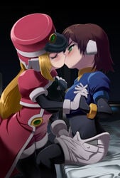 2girls aile bed blonde_hair blush breast_grab breast_squeeze breasts brown_hair closed_eyes clothing female female_protagonist green_eyes hand_holding kiss kissing long_hair machbow mega_man mega_man_zx multiple_girls mutual_yuri prairie short_hair yuri