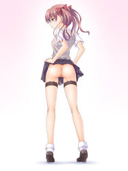 1girls anklehighs ass bare_ass bare_thighs bottomless bow brown_hair brown_loafers female footwear from_behind hairbow highres kurosaki_hiroya legs loafers no_panties pussy school_uniform schoolgirl shirai_kuroko skirt skirt_lift socks solo teenage_girl teenager thigh_strap thighs tied_hair to_aru_kagaku_no_railgun to_aru_majutsu_no_index tokiwadai_school_uniform turn_cuff_socks twintails uncensored white_socks young