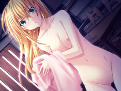 1girls bath blonde_hair bottomless breasts color cyan_eyes dutch_angle female game_cg green_eyes large_breasts long_hair minazuki_yuuna_modred mound_of_venus navel nipples no_bra no_panties no_pussy nude solo surprised sweat topless towel wet yama_bikko yokujou_pet_life