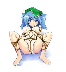 barefoot blue_eyes blue_hair bondage crotch_rope feet hair_bobbles hair_ornament hat hemogurobin_a1c nitori_kawashiro one-piece_swimsuit rope school_swimsuit see-through short_hair solo spread_legs swimsuit tied_hair touhou twintails white_school_swimsuit