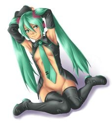 1girls aqua_hair armpits arms_up breasts censored deep_rising green_hair green_tie hatsune_miku innocent necktie pussy sexy_armpits sitting smile solo source_request tie toned toned_female turquoise_hair vagina vocaloid wariza white_background wide_hips