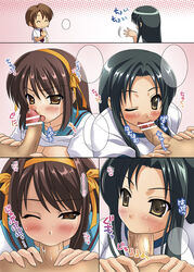 2girls blush censored dark-skinned_male dark_penis dark_skin fellatio female human itsuki_koizumi male multiple_females oral penis straight suzumiya_haruhi suzumiya_haruhi_no_yuuutsu tsuruya wink