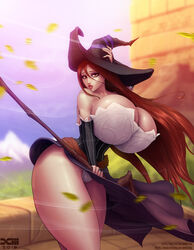 bare_shoulders barretxiii big_breasts breast_rest breasts bursting_breasts busty cleavage curvy dragon's_crown dress dress_lift eyeliner eyeshadow female female_only huge_breasts leaf leaves long_hair looking_at_viewer mascara solo sorceress sorceress_(dragon's_crown) staff straight_hair thick_thighs thighs thin_waist upskirt very_long_hair wardrobe_malfunction white_panties wind witch_hat