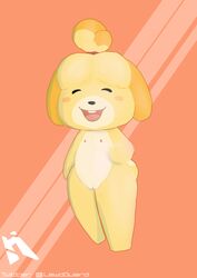 1girls absurd_res animal_crossing anthro blush canid canine canis domestic_dog female female_only full-length_portrait fur genitals happy hi_res highguard isabelle_(animal_crossing) mammal nintendo portrait pussy shih_tzu simple_background solo toy_dog video_games yellow_body yellow_fur