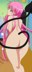 ass bed female green_eyes lala_satalin_deviluke light-skinned_female long_hair looking_back medium_breasts nude nude_filter pale-skinned_female pale_skin pink_hair tail to_love-ru uncensored