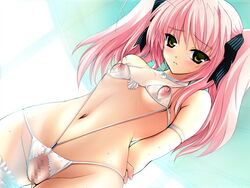 alice_soft bikini blush censored choukou_(alicesoft) choukou_sennin_haruka cute flat_chest game_cg nippleless_clothing nipples onigirikun pink_hair pussy shihoudou_narika swimsuit yellow_eyes