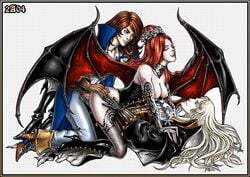 2boys alucard_(castlevania) anal androgynous bat_wings bent_over blue_eyes boots breasts bridal_gauntlets brown_hair candra cape castlevania castlevania:_symphony_of_the_night choker closed_eyes clothed_sex corset cowgirl_position demon_girl double_penetration fishnet_legwear fishnets flower gangbang group_sex hair_flower hair_ornament high_heels knee_boots lace lips lipstick long_hair lying makeup nipples no_bra on_back pale_skin red_hair richter_belmont sex shoes straddle succubus succubus_(castlevania) thighhighs threesome trenchcoat vaginal_penetration vampire white_hair wings