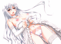 1girls alric blush boku_no_party_ga_shuraba_sugite_sekai_ga_sukuenai breasts cameltoe dress elbow_gloves eyebrows female garter_straps gloves long_hair nipples open_mouth original panties peeing peeing_self silver_eyes silver_hair simple_background skirt skirt_lift solo sweena thighhighs underwear wet_panties white_dress white_legwear