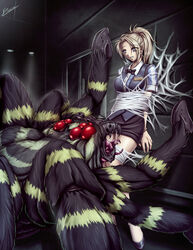 1girls blonde_hair blue_eyes bondage cindy_lennox clenched_teeth female female_focus female_only human imminent_death imminent_rape karosu-maker legs_together long_hair medium_breasts miniskirt monster peril ponytail resident_evil resident_evil_outbreak restrained scared skirt spider spider_web wide_eyed yuri