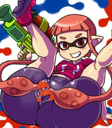 anthro ass big_ass bike_shorts blush breasts cameltoe censored censored_pussy clitoris clothed clothed_female clothing domino_mask erect_clitoris female hair humanoid inkling inkling_girl inkling_squid long_hair nintendo orange_hair pointy_ears prehensile_hair red_eyes shorts simple_background small_breasts smile spats splatoon splattershot spread_legs spread_pussy spreading squid sweat teeth tentacle tentacle_hair tied_hair twintails