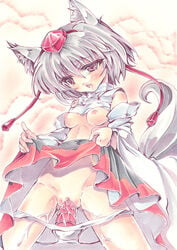 1girls animal_ear bare_shoulders blush breasts censored detached_sleeves dildo female fur hat highres insertion kneeling meguri_uguisu momiji_inubashiri nipples no_bra panties panty_pull pussy pussy_juice short_hair silver_hair skirt skirt_lift solo tail tassel tear tokin_hat touhou underwear vaginal_penetration white_panties wolf_ear wolf_tail