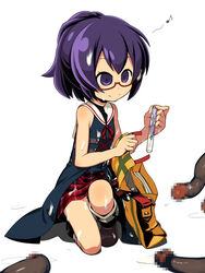 bag boots censored clothing cum cum_on_body cum_on_clothes cum_on_upper_body etrian_odyssey facial glasses highres looking_down medic_(sekaiju_4) mosaic_censoring ponytail purple_eyes purple_hair questionable sekaiju_no_meikyuu sekaiju_no_meikyuu_4 short_hair skirt sleeveless smile tam2 tentacle test_tube tied_hair