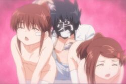 1boy animated brown_hair character_request clothing kissxsis lowres suminoe_ako suminoe_keita suminoe_riko thighhighs threesome