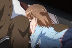 1boy 1girls animated brown_hair censored clothed fellatio female hair hidden jk_to_inkou_kyoushi_4 oral oral_sex public satsuki_wakou secret short_hair stealth stealth_sex straight under_the_table