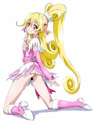 aida_mana blonde_hair censored clothing cure_heart dokidoki!_precure female grin half_updo index_finger_raised kaishaku kneeling long_hair looking_back magical_girl no_panties pink_eyes ponytail precure pretty_cure pussy_juice shadow simple_background small_breasts smile solo tied_hair white_background