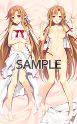 1girls alfheim_online arms_up bare_shoulders barefoot blush braid breasts brown_eyes brown_hair dakimakura dress ear_covers elf feet female long_hair looking_at_viewer lying navel nipples on_back open_mouth panties panty_pull pointy_chin pointy_ears ribbon sample side-tie_panties single_girl solo sword_art_online sword_art_online:_fairy_dance titania_(sao) torn_clothes underwear yuuki_asuna yuuki_hagure