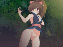 1girls accidental_exposure armpit blush bottomless bow brown_eyes brown_hair clothing_lift enpu_(ufo) female female_only hair_bow long_hair looking_at_viewer medium_breasts navel original_character ponytail pussy restrained shaved_pussy skimpy solo solo_female strings uncensored