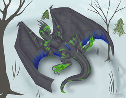 1boy claws dragon feral glowing hindpaw male male_only noxy on_back paws penis snow solo tree western_dragon wings wood