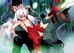 2boys anger_vein blush breasts clothed_rape fujiwara_no_mokou iilliill japanese_text kicking leg_lift long_hair multiple_boys naked_suspenders nipples pants pussy rakuga_kitarou rape red_eyes sex silver_hair suspenders tear text topless torn_clothes torn_pants touhou translated uncensored vaginal_penetration very_long_hair