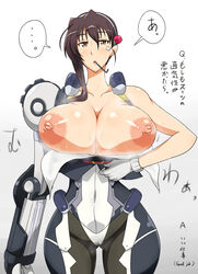 bodysuit breasts brown_hair female highres hips huge_breasts kyoukaisenjou_no_horizon nakatomo naomasa naomasa_(horizon) nipples pixiv_manga_sample resized smell solo sweat topless translation_request undressing wide_hips