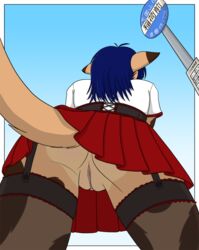 anthro blue_hair collaboration feline female fur furry kloe_(character) no_panties plaid pussy skimpy skirt slowfag solo upskirt