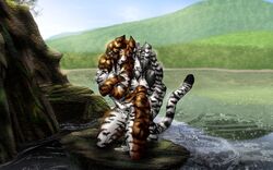 alpacinosbaby anthro blue_eyes breasts feline female fur furry lake male masturbation mountain nipples nude pussy_juice tiger