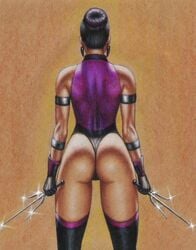 1girls 2d ass back big_ass big_butt bunned_hair dat_ass dual_wielding earrings edithemad female female_only gloves hair_bun huge_ass klassic_mileena leotard midway mileena mortal_kombat mortal_kombat_3 netherrealm_studios sai_(weapon) solo thighhighs weapon