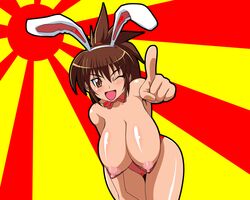 animal_ear artist_request blush breasts bunnysuit large_breasts nipples pointy_chin smile wink