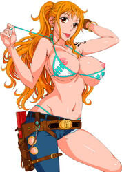 1girls :p arm_behind_head asymmetrical_clothes bikini bracelet breasts brown_eyes cutoffs earrings female female_only hanzaki_jirou holster jeans jewelry large_breasts log_pose long_hair nami navel nipples one_piece orange_hair panties ponytail post-timeskip simple_background solo swimsuit thong tied_hair tongue underwear undressing white_background