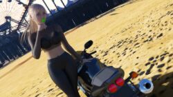3d 3d_(artwork) absurd_res absurdres beach beautiful_female black_bra black_leggings blonde_hair blue_eyes breasts character_request cleavage copyright_request disinterested emotionless emotionless_female expressionless female ferris_wheel fingernails grand_theft_auto grand_theft_auto_online grand_theft_auto_v huge_breasts indifference indifferent leggings lollipop lollipop_in_mouth long_hair los_santos mature_female mature_woman motorcycle navel pier roller_coaster see-through_shirt tight_leggings tomboyish tubetop unbothered uncaring uncaring_female vrxcreations505
