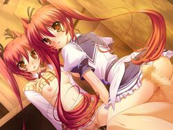 2girls amber_eyes blush breasts censored game_cg mercuria mercuria_-mizu_no_miyako_ni_koi_no_hanataba_wo- mitsumomo_mamu penis pussy skirt small_breasts tied_hair twintails vaginal_penetration