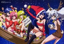 blue_hair bondage breasts christmas cleavage disc_(needless) eve_neuschwanstein kemonomimi kuchinashi_(needless) looking_at_viewer looking_back mio_(needless) naked_ribbon needless nude ootsuka_midori open_mouth setsuna_(needless) shitapai tail thighhighs