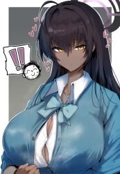 ! !! 1girls ahoge black_hair blue_archive blue_bow blue_bowtie blue_cardigan border bow bowtie breasts bursting_breasts cardigan center_opening cleavage closed_mouth collared_shirt commentary_request dark-skinned_female dark_skin doodle_sensei_(blue_archive) expressionless female gin_moku grey_background hair_between_eyes halo heart highres huge_breasts karin_(blue_archive) karin_(school_uniform)_(blue_archive) large_breasts long_hair looking_at_viewer outside_border sensei_(blue_archive) shirt simple_background solo spoken_character spoken_exclamation_mark sweatdrop upper_body white_border white_shirt yellow_eyes