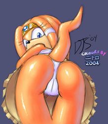 2004 2d ass blue_eyes cameltoe circlet collaboration echidna female female_only hotred mobian mobian_(species) mobian_echidna nitro orange panties presenting sega skirt solo sonic_(series) sonic_adventure sonic_the_hedgehog_(series) tikal_the_echidna underwear