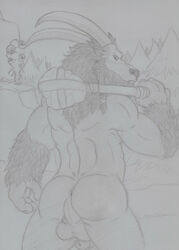 anthro anus ass balls club_(disambiguation) dota dota_2 face_paint flaccid furry looking_at_viewer male male_only monochrome muscular muscular_male nude penis satyr sillywerwolf solo video_games