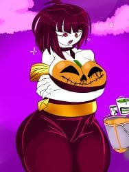 1girls 1ravendream anthro areolae artist_name big_breasts black_clothing black_hair boob_window breasts clothed_female female female_only friday_night_funkin friday_night_funkin:_entity green_paint necklace nikusa_(sugarratio) open_mouth orange_paint paint_bucket painted_breasts picture_in_background pumpkin purple_background purple_clouds shoulders twitter_username white_body white_skin