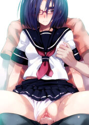 black_hair blush breast_grab breasts brown_eyes clothed_sex cum cum_inside female glasses iilliill male nipple_tweak nipples original panties panties_aside penis pussy rakuga_kitarou red-framed_glasses school_uniform serafuku sex short_hair sitting skirt spread_legs straight sweat tear uncensored underwear vaginal_penetration white_panties