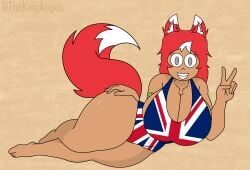 1girls amateur_artist big_breasts bikini breasts cadena_(thekingangus) cat_ears female oc red_hair redhead_female tail thekingangus thick_thighs uk_flag_bikini united_kingdom