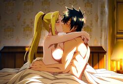1boy1girl ai_generated anime anime_style arms_wrapped_around_partner arms_wrapped_with_torso attractive babe beautiful bed bed_covers bed_sheet bedroom big_breasts black_hair blonde_female blush_lines breasts closed_eyes crossover crossover_couple curvy_figure dreson fairy_tail fantasy female gray_fullbuster gray_kiss_ino handsome ino_yamanaka kissing lamp love_making lovers magic male muscular nai_diffusion naruto naruto_(series) naruto_shippuden night nude ponytail sexy shonen_jump spiky_hair